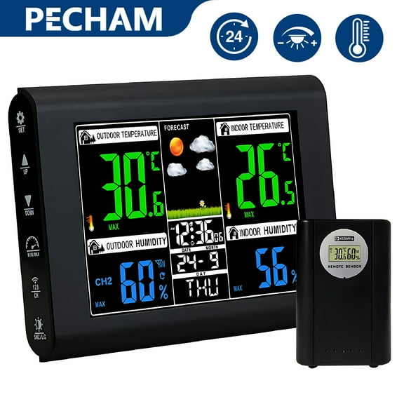 Pecham Weather Station Wireless Indoor Outdoor Thermometer, Color Display Digital Weather Thermometer with Atomic Clock, Barometric Pressure, Calendar, DC Charge, and Backlight - Black