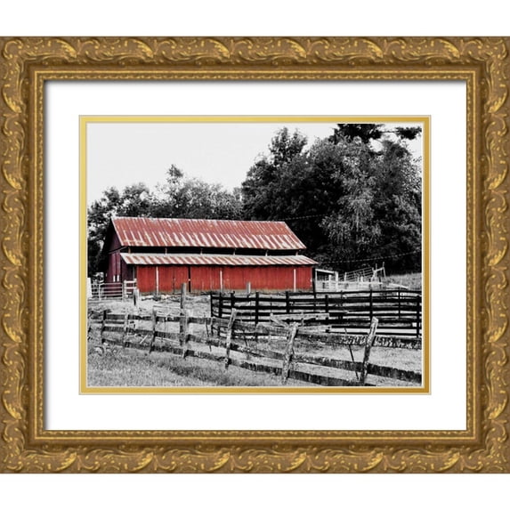 Peck, Gail 14x12 Gold Ornate Wood Framed with Double Matting Museum Art Print Titled - BW Rustic Barn
