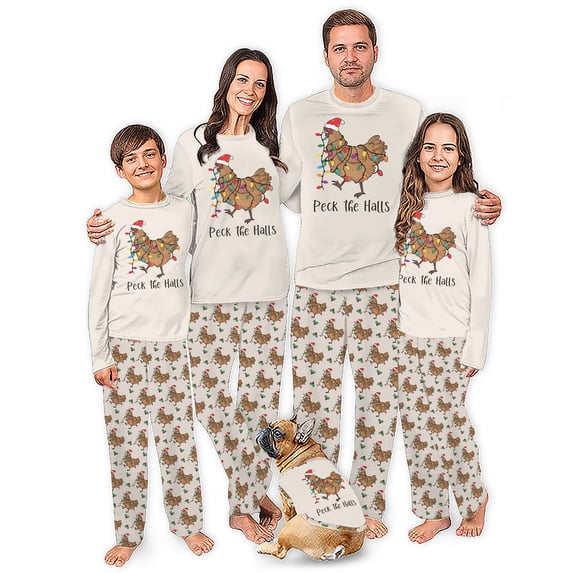 Peck The Halls Chicken Christmas Pajamas For Family And Dog, Santa Chicken Holiday PJs, Plus Sizes, With Pockets