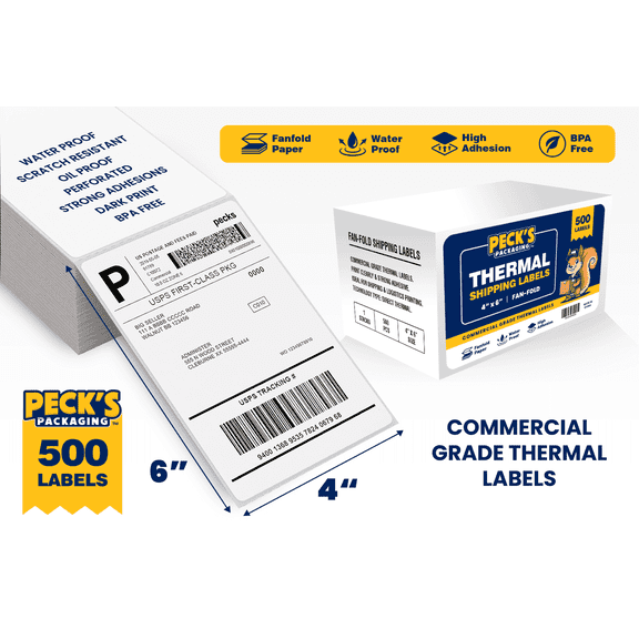 Peck's Packaging, 4" x 6" Direct Thermal Shipping Labels 500 Labels, Fanfold, White, Perforated Compatible with Zebra, Rollo, Munbyn, and More Jam-Free, Waterproof