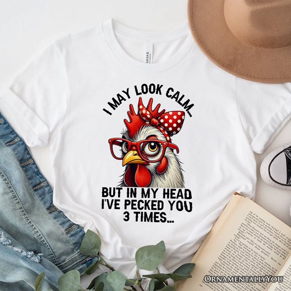 Pecking Chicken T-Shirt, Red Glasses and Bow White Tee for Sassy Women