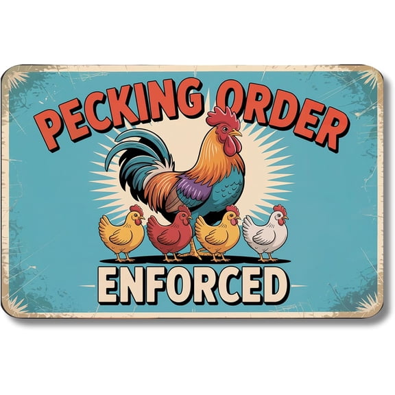 Pecking Order Enforced Metal Poster by DC | Vintage Tin Sign Wall Art for Indoor Use | 12x8" Rust-Free Aluminum Decor for ChickenCoop | UV Protected & Weatherproof Print | Made in USA