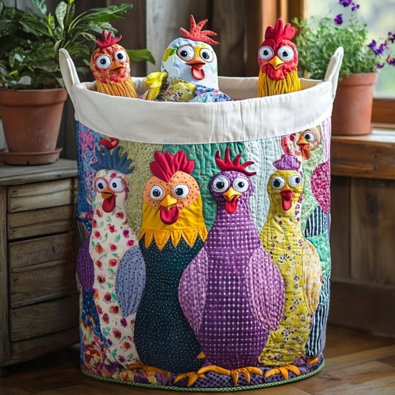 Pecking Pretty Quilted Laundry Basket, with Handles, Foldable Clothes Hamper for Bedroom Storage