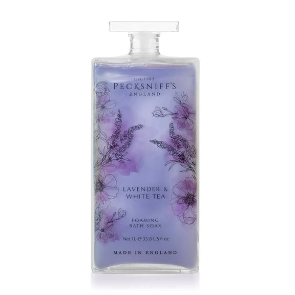 Pecksniff’s Lavender & White Tea Foaming Bath Soak – Luxury Bubble Bath, 1L / 33.8 fl oz, Made in England