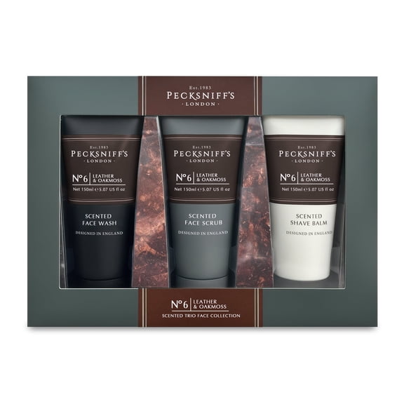 Pecksniff’s Men’s Trio Face Collection – Leather & Oakmoss – Face Wash, Face Scrub & Shave Balm Gift Set, 3 x 75ml