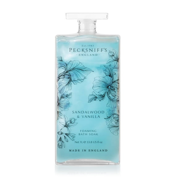 Pecksniff’s Sandalwood & Vanilla Foaming Bath Soak – Luxury Bubble Bath, 1L / 33.8 fl oz, Made in England