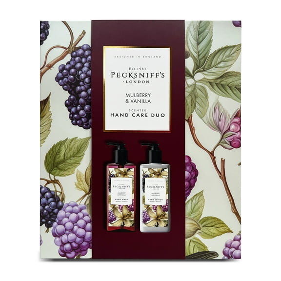 Pecksniff’s Hand Care Duo Gift Set, Mulberry & Vanilla, Hard Box Set with 300ml Hand Wash and 300ml Hand Lotion, Moisturizing Sink Set, Designed in England