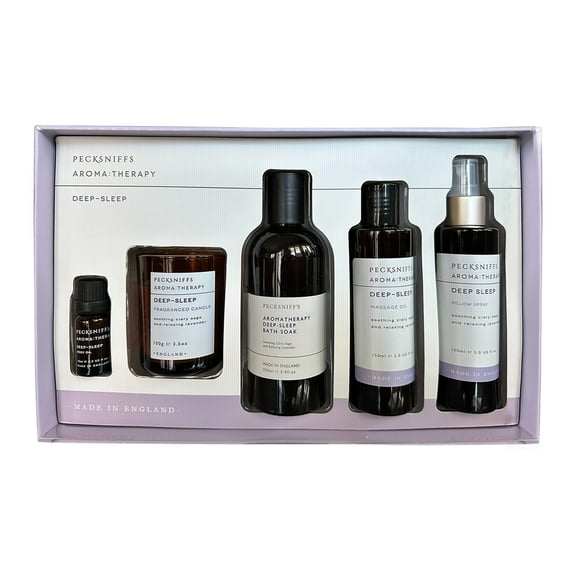 Pecksniffs Aroma:Therapy Deep-Sleep Gift Set: Bath Soak, Candle, Pillow Spray, Massage Oil