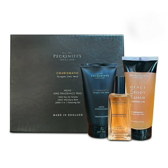 Pecksniffs Charismatic Men's Fragrance Trio: Eau de Toilette, Aftershave Balm, Cleansing Gel Set