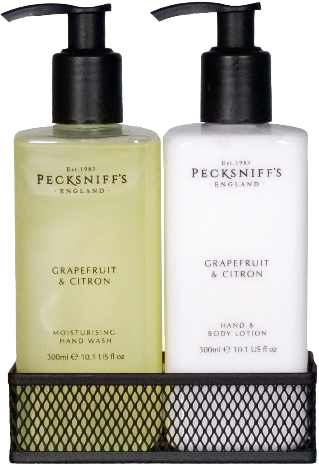 Pecksniffs Grapefruit & Citron Moisturizing Hand Wash and Hand Lotion in a Black Mesh Caddy | 300ml/10.14 Fl oz