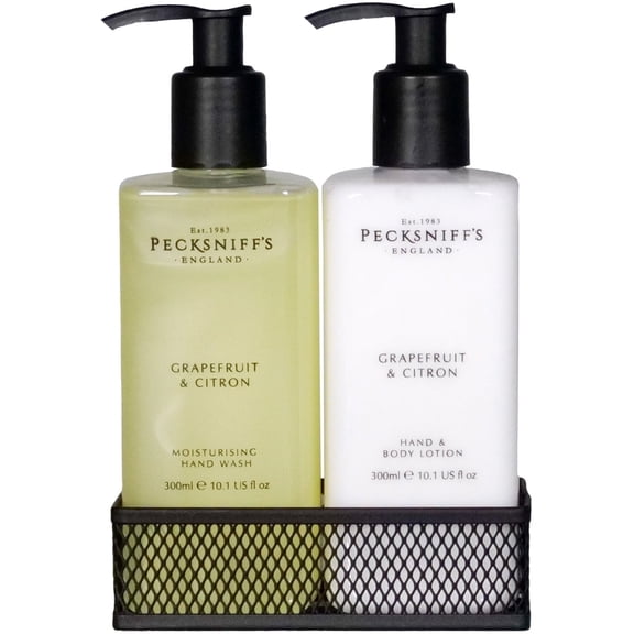 Pecksniffs Grapefruit & Citron Moisturizing Hand Wash and Hand Lotion in a Black Mesh Caddy | 300ml/10.14 Fl oz