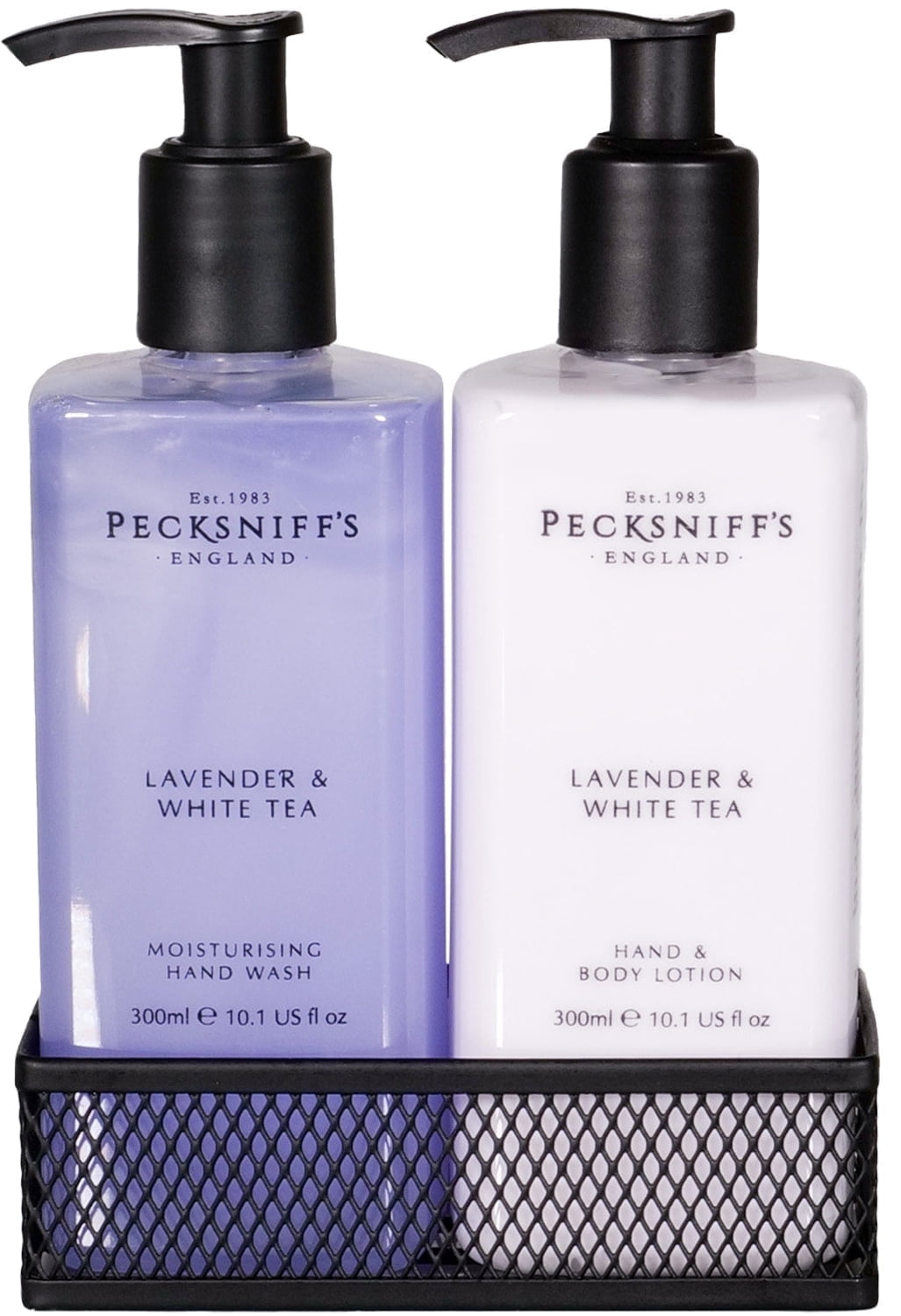 Pecksniffs Lavender & White Tea Moisturizing Hand Wash and Hand Lotion in a Black Mesh Caddy | 300ml/10.14 Fl oz