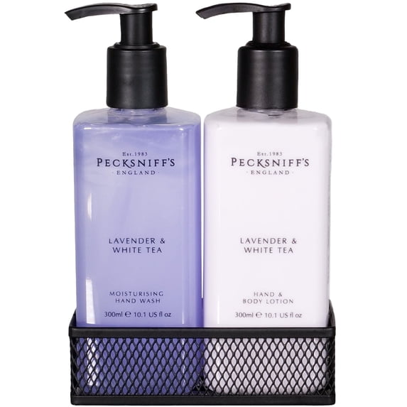 Pecksniffs Lavender & White Tea Moisturizing Hand Wash and Hand Lotion in a Black Mesh Caddy | 300ml/10.14 Fl oz