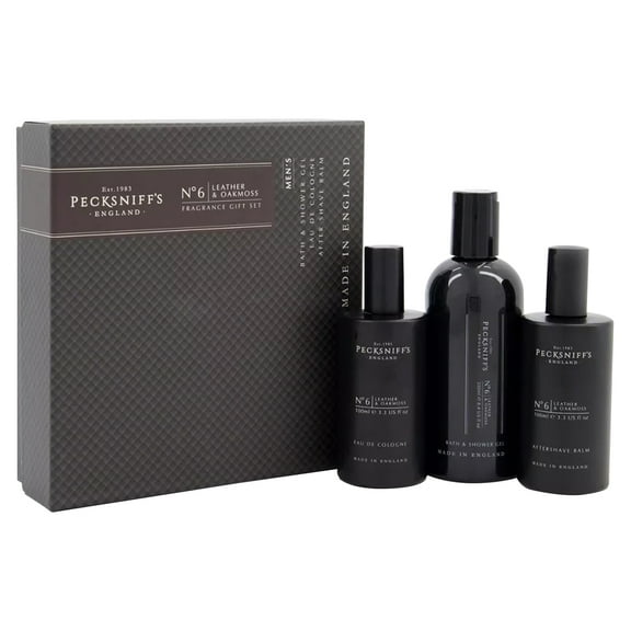 Pecksniffs Leather & Oakmoss Men's Gift Set: Eau de Cologne, 3-in-1 Bath & Shower Gel, After Shave Balm