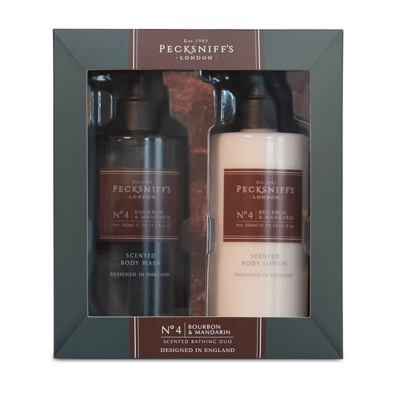 Pecksniffs Mens Bathing Duo Collection  Bourbon & Mandarin Scented Body Wash and Body Lotion Gift Set, 2 x 250ml