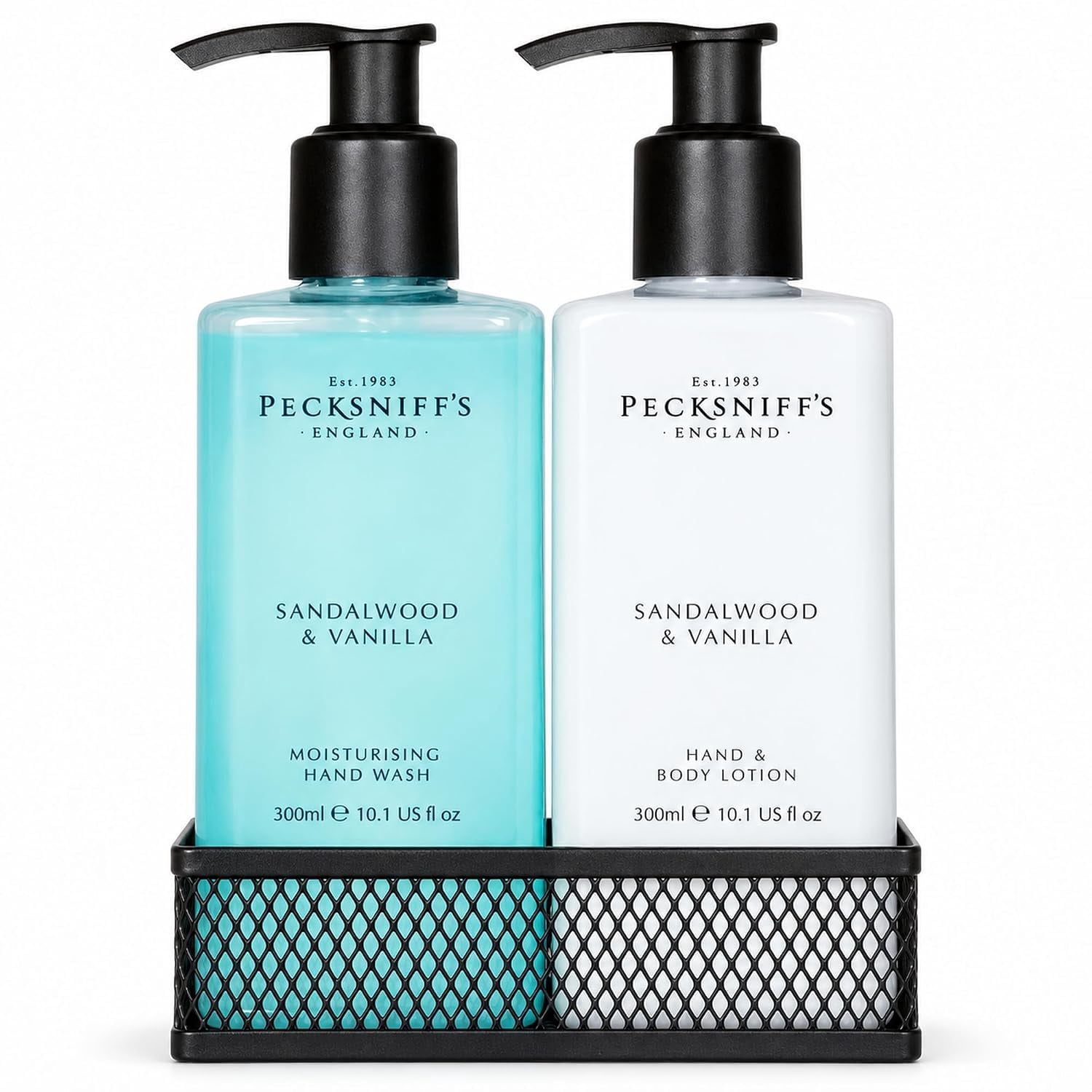 Pecksniff's Sandalwood & Vanilla Moisturizing Hand Wash and Hand & Body Lotion Set with Black Mesh Caddy, 300 ml Each