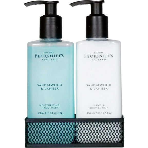 Pecksniffs Sandalwood and Vanilla Moisturizing Hand Wash and Hand Lotion in a Black Mesh Caddy | 300ml/10.14 Fl oz