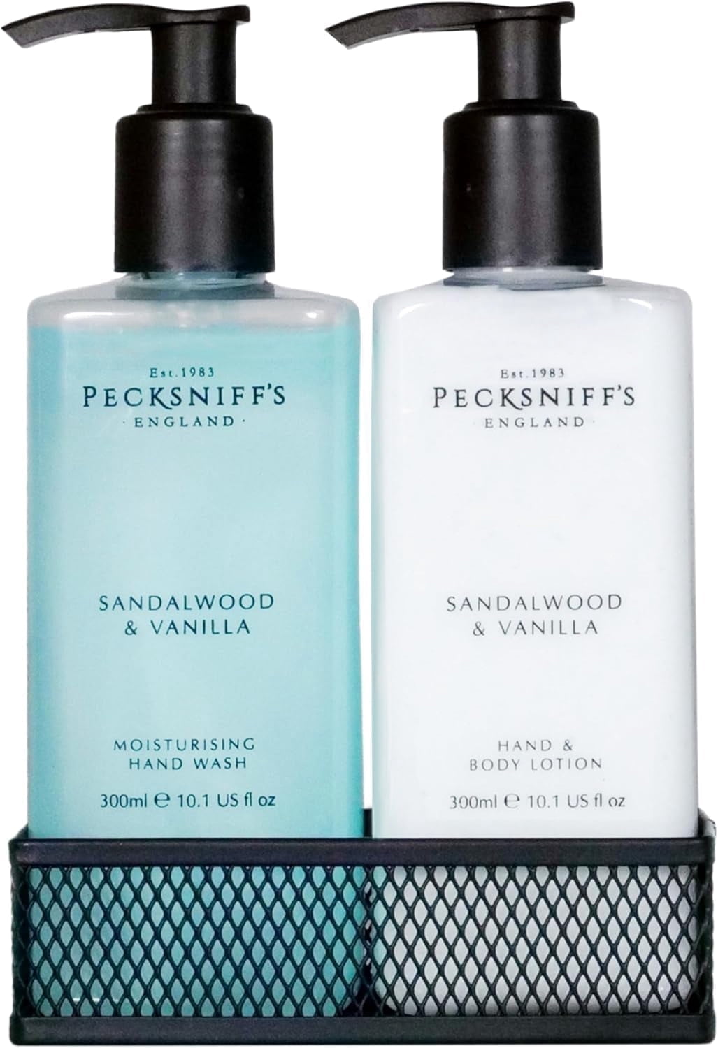 Pecksniffs Sandalwood and Vanilla Moisturizing Hand Wash and Hand Lotion in a Black Mesh Caddy | 300ml/10.14 Fl oz