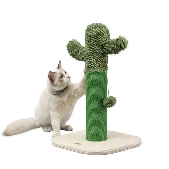 THE LICKER STORE Pecos 21" Modern Jute Cactus Cat Scratching Post with Fuzzy Toy, Green/White, CTR1000A