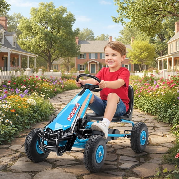 Pedal Go Kart with Adjustable Seat, EVA Wheels, Brake, Blue