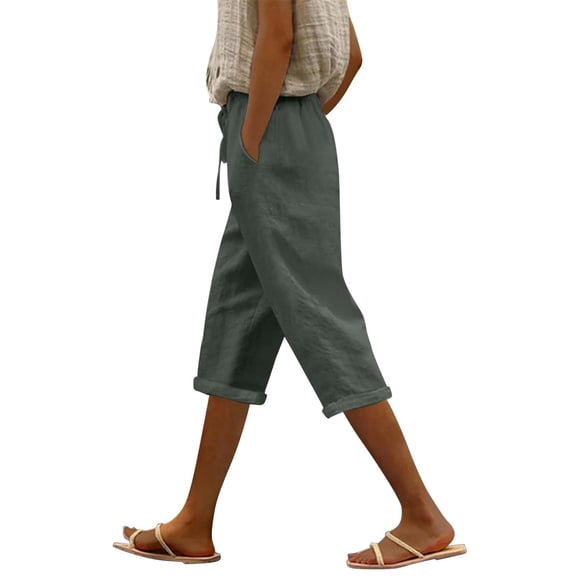 Pedal Pushers for Women Dressy Casual Bermuda Shorts Knee Length Elastic Waist Lightweight Shorts Trendy Summer Linen Capri Pants with Pockets