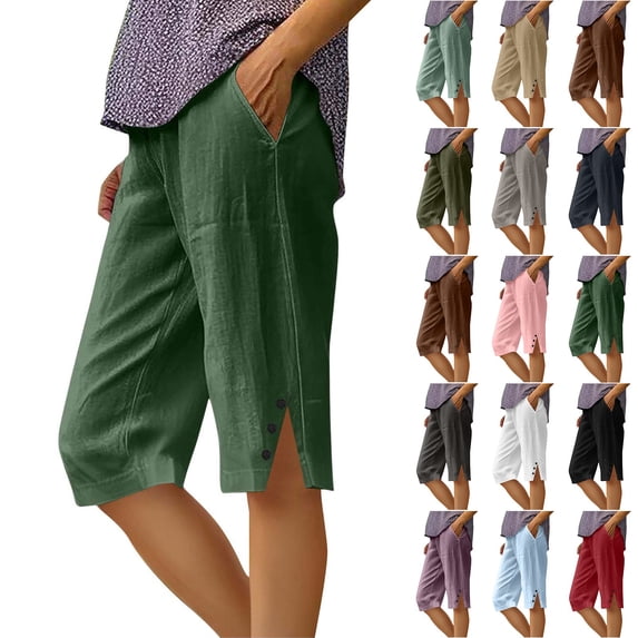 Pedal Pushers for Women Lightweight Summer Linen Capri Pants Casual Loose Elastic Waist Wide Leg Bermuda Shorts Green S