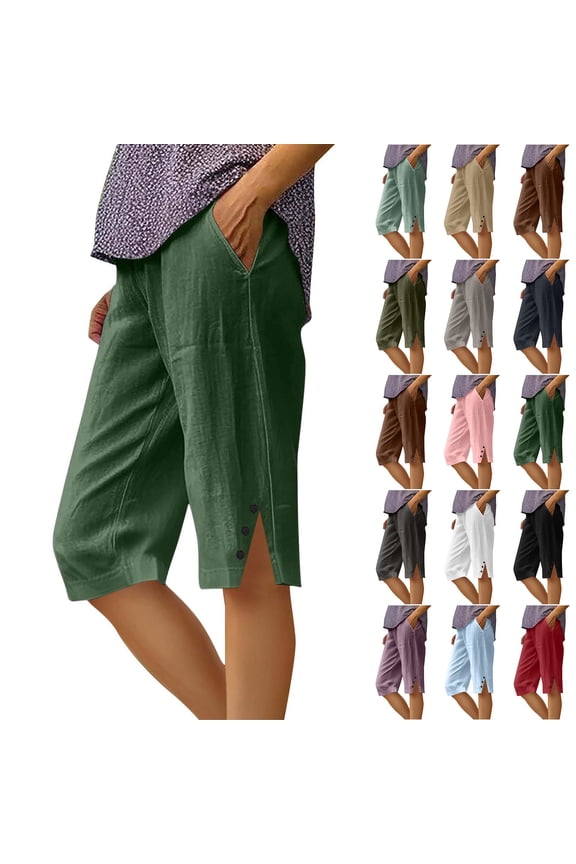 Pedal Pushers for Women Lightweight Summer Linen Capri Pants Casual Loose Elastic Waist Wide Leg Bermuda Shorts Pink M