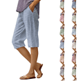 thumbnail image 1 of Pedal Pushers for Women Lightweight Summer Pull on Striped Linen Shorts High Waisted Linen Capri Pants Baggy Pinstripe Capris Royal Blue 2XL, 1 of 4