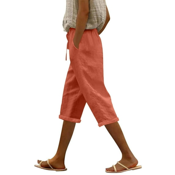 Pedal Pushers for Women Linen Capri Pants Trendy Summer Elastic Waist Knee Length Gauze Pants Dressy Casual Capri Shorts with Pockets