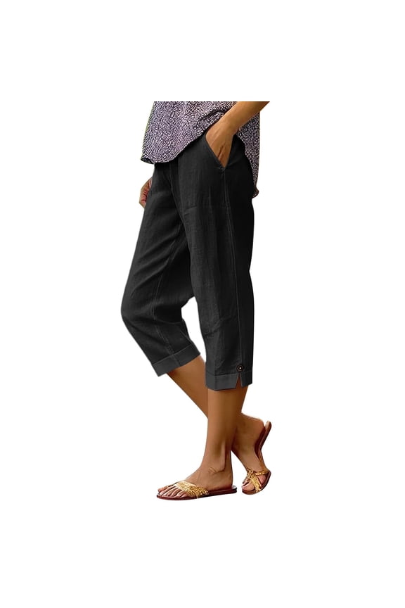 Pedal Pushers for Women Pull on Lightweight Summer Linen Capri Petite Pants Casual Loose Elastic Waist Wide Leg Bermuda Shorts Black M