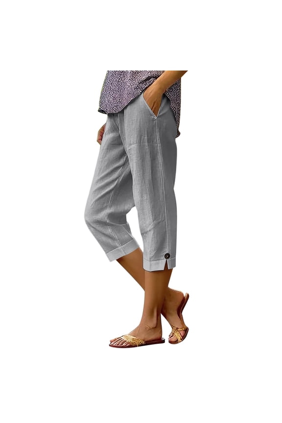 Pedal Pushers for Women Pull on Lightweight Summer Linen Capri Petite Pants Casual Loose Elastic Waist Wide Leg Bermuda Shorts Light Gray XL
