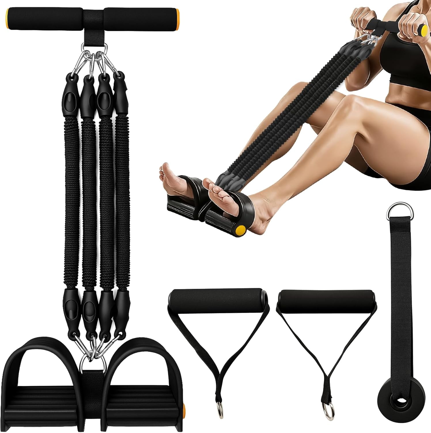 Pedal Resistance Band with Handle - Adjustable 4-Tube Sit-Up Pull Rope, 25-100 lbs, Ergonomic Handles, Full Body Home Fitness Equipment