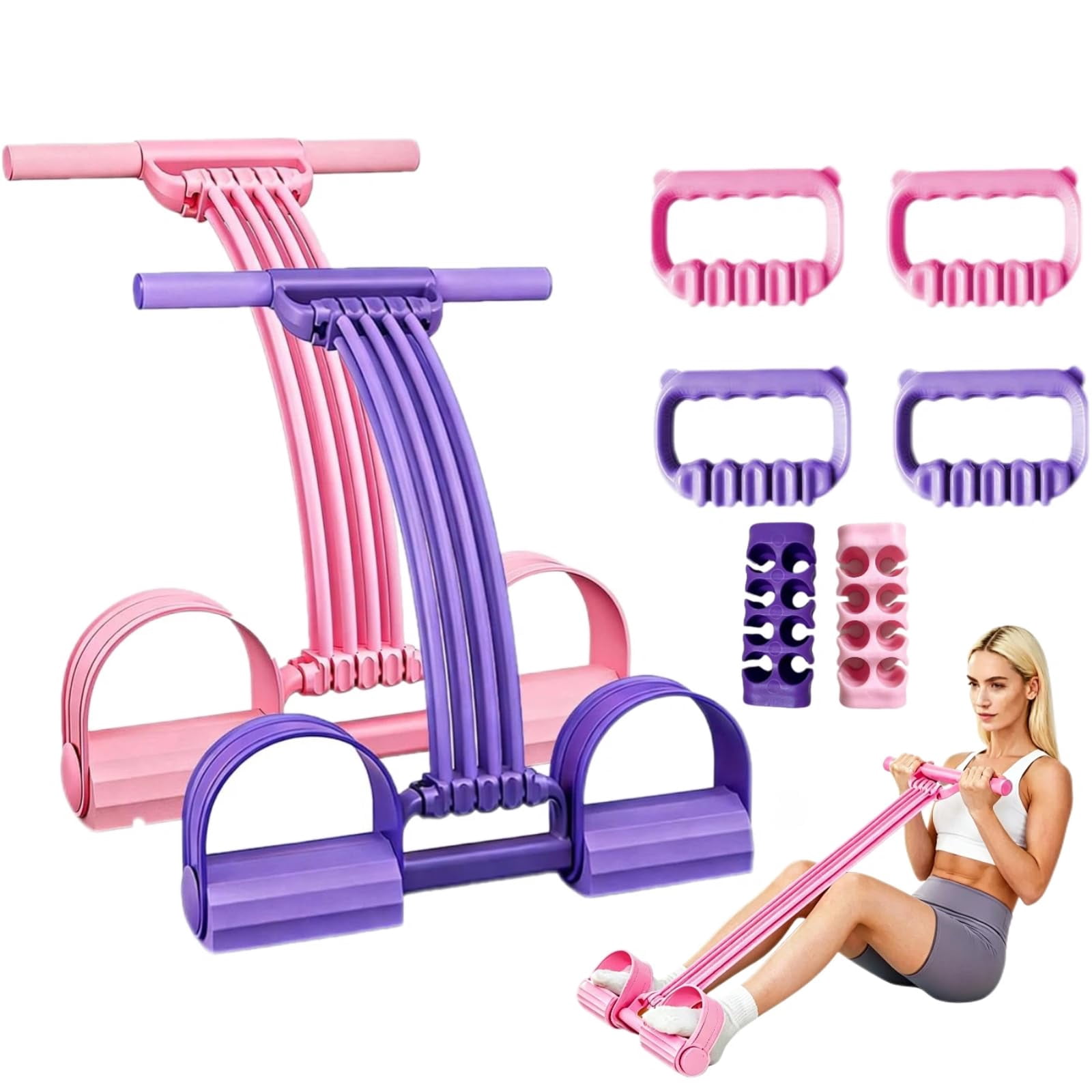 Pedal Resistance Band with Handle, Upgraded 8-Tube Multifunction Foot Resistance Bands for Back Stretch, Portable Fitness