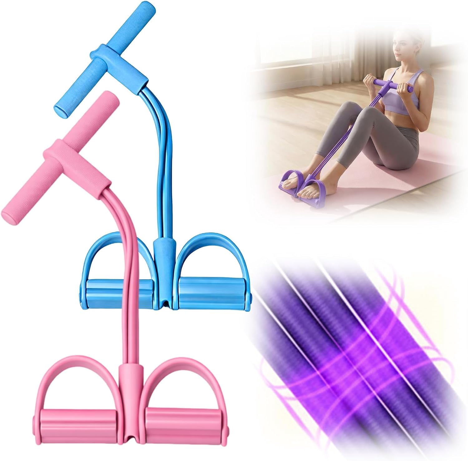 Pedal Resistance Bands with Handles - 4-tube natural rubber design, adjustable intensity for full-body workouts, perfect for arms, legs, waist, and home fitness