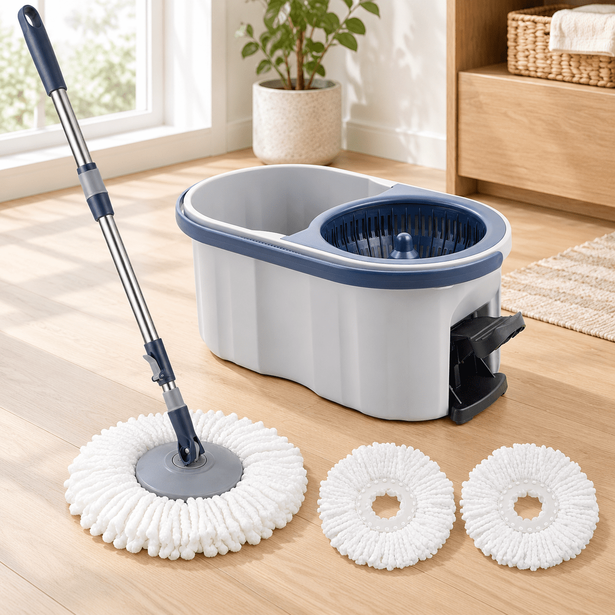 Meat Mop Pedal Spin Mop Set with Bucket, Stainless Steel Telescopic Handle ...