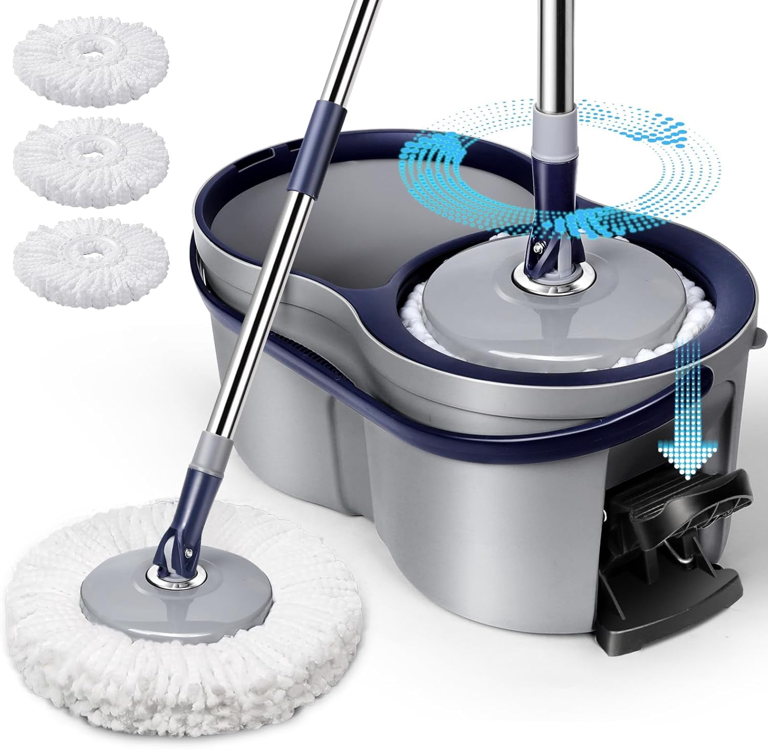 Pedal Spin Mop and Bucket with Wringer Set,EasyWring Microfiber Mop with 3 Mop Pads,360 ° Spinning Floor Cleaning System - Home & Office
