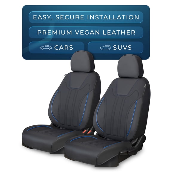 Pedali Magnus Vegan Leather Seat Covers with Headrest Covers, 2-Piece, Black and Blue