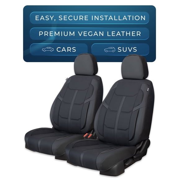 Pedali Strada Vegan Leather Seat Covers with Headrest Covers, 2-Piece, Black, Airbag Compatible, Extra Padding for Most Cars, SUVs and Crossovers