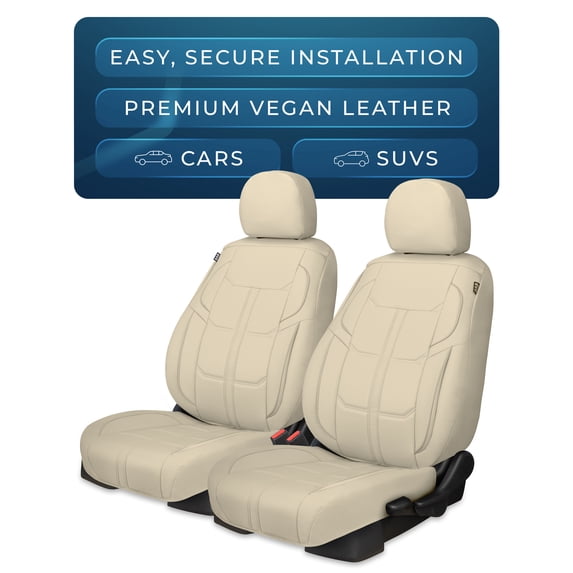 Pedali Strada Vegan Leather Seat Covers with Headrest Covers, 2-Piece, Tan, Airbag Compatible, Extra Padding for Most Cars, SUVs and Crossovers