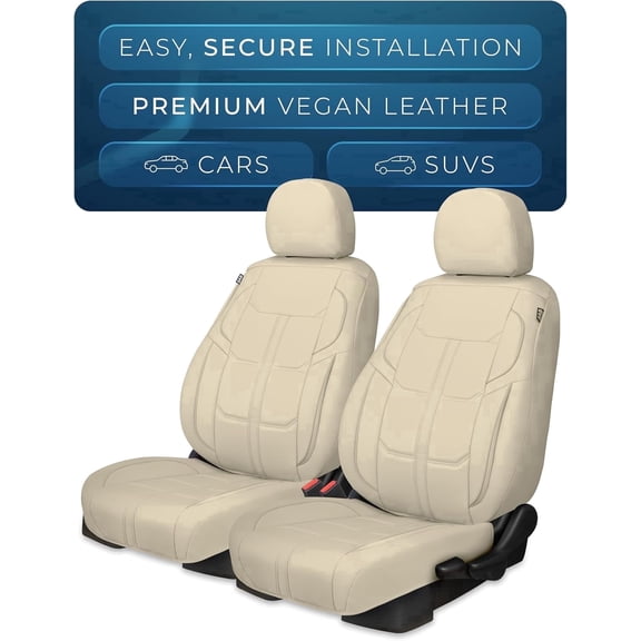 Pedali Strada Vegan Leather Seat Covers with Headrest Covers, 2-Piece, Tan, Airbag Compatible, Extra Padding for Most Cars, SUVs and Crossovers