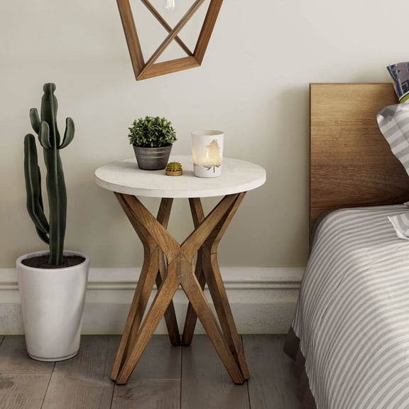 Pedestal End Table, Distressed Round Bedside Table with Tripod Base for Living Room, Modern Farmhous