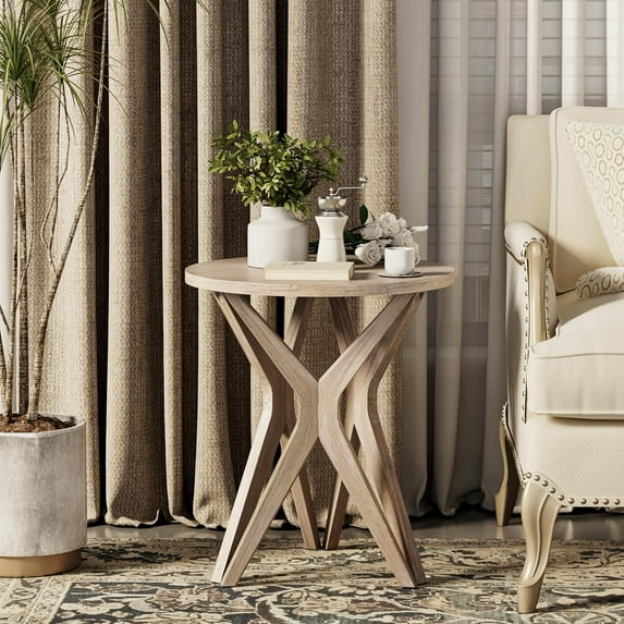 Pedestal Farmhouse End Table, Distressed Top with Tripod Base Bedside Table for Living Room, Modern, Boho Decor, Round (1 Pack, Distressed Aah Grey)