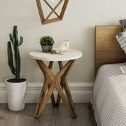Pedestal Farmhouse End Table, Distressed Top with Tripod Base Bedside Table for Living Room, Modern, Boho Decor, Round 1 Pack, White & Walnut