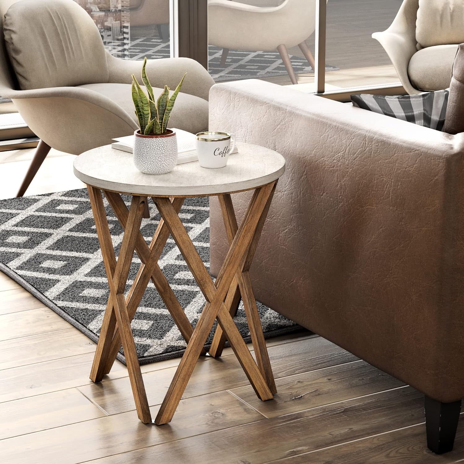 Round Distressed White and Natural Wood Pedestal End Table
