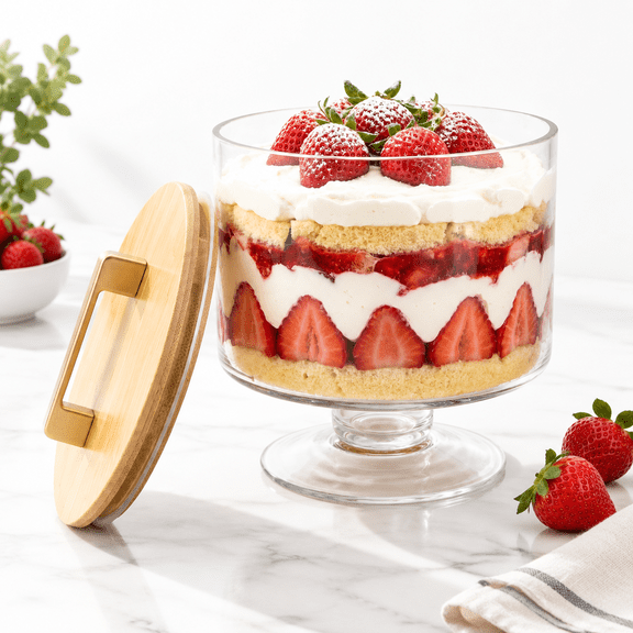 Pedestal Serving Bowl with Lid, 70oz Clear Glass Trifle Dish for Desserts and Salads