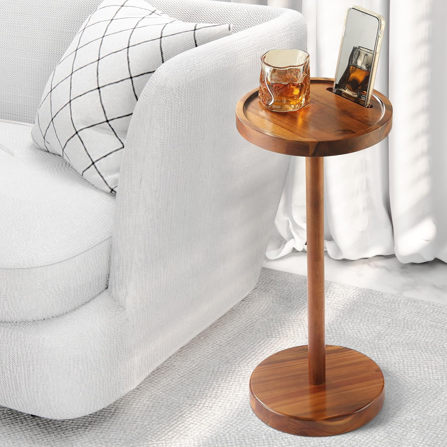 Pedestal Side Table, Acacia Drink Table with Weighted Base, Small Round ...