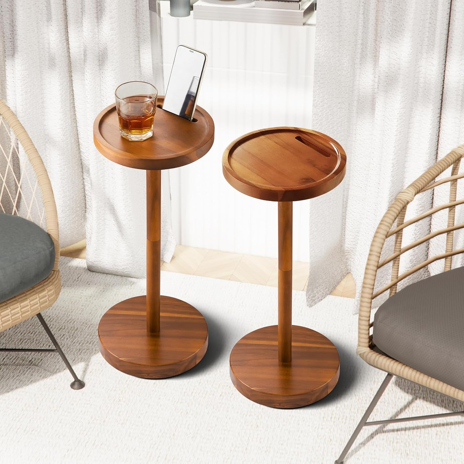 Pedestal Side Table Set of 2 Acacia Weighted Base Drink Table Small Round Side Table for Small Spaces with Phone Holder Martini and Cocktail