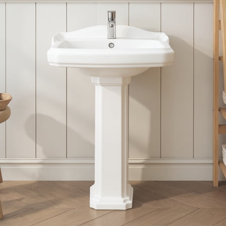 Pedestal Sink 20" X 17", U-Shape White Ceramic Pedestal Bathroom Sink With Overflow, Pure White Porcelain, Semi-Circular, for Bathroom, Laundry