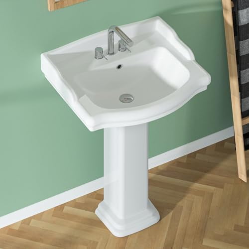 Pedestal Sink 23 Inch - 3 Hole Classic Vintage Porcelain Pedestal Sink Combo for Bathroom, 23"Dx19"Wx34"H, White, with Backsplash, 1 Overflow Hole & 3 Faucet Hole @ 4 Inch$$Tools & Hardware Other