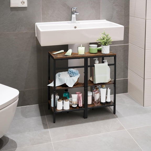 Pedestal Sink Storage Organizer, 2 Pack 3-Tier Triangular Corner Shelf for Bathroom Under Vanity, Brown Wooden & Metal Rack